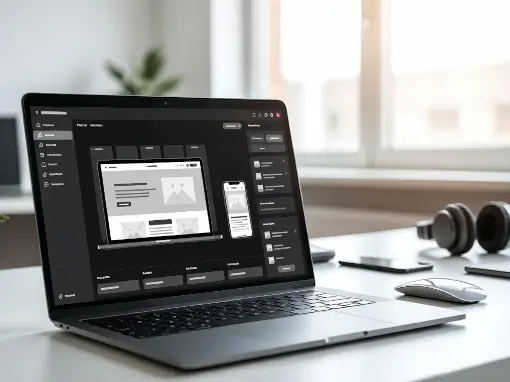 S73-Digital-Agency-website-design-510x383 Website designer's laptop with a window with website design platform.